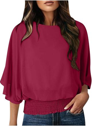 Generic Womens Blouses Ruffle 3/4 Sleeve Tops Loose Flowy Crew Neck Chiffon Top Elastic Smocked Waist Blouse Double Layers Mesh Shirts Elegant Casual Solid La