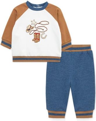 Little Me Western Active Cotton Sweatshirt & Pants Set in Blue Multi at Nordstrom, Size 12M