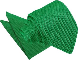 DQT Men Knit Knitted Plain Casual Slim 7cm Neck Tie with Matching Handkerchief Pocket Square Forest Green