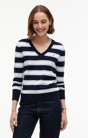 Tommy Hilfiger Womens Lightweight Striped V-Neck Sweater - Navy Blue - XXL