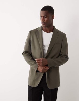 Mango Amalfi - Blazer da abito slim in 100% lino kaki in coordinato-Verde