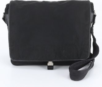 Prada Black Leather Nylon Messenger Bag Shoulder Bag (Pre-Owned)