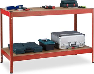 Relaxdays Relaxdays Mesa De Trabajo, 600 Kg, Banco Taller, 91 X 141 X 61 Cm, 2 Niveles Regulables, Estante De Acero Y Mdf, Rojo