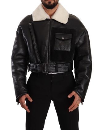 Dolce & Gabbana Heren Zwarte Leren Shearling Bikerjas