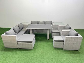 Fimous 11 Seater Outdoor Dining Table 3 Seater Sofa Set with 2 Side Table in Light Grey
