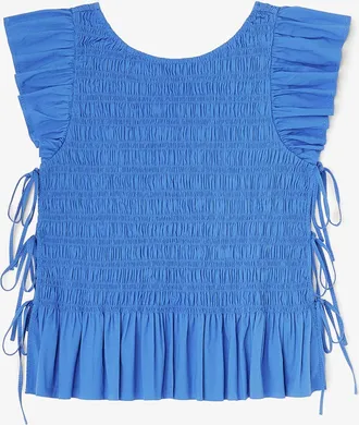 Ganni Navy Top in Smocked Cotton - Size 10/12 Organic