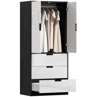 HOMCOM 2 Door Wardrobe White Wardrobe with 3 Drawer and Hanging Rod for Bedroom | TJ Hughes