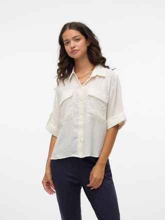Vero Moda Kurzarmbluse VERO MODA VMFABIANA 3/4 SHIRT VMA NOOS, Damen, Gr. XS, beige (birch), Web, Obermaterial: 100% Polyester, unifarben, relaxed fit h&uuml;ftbedec