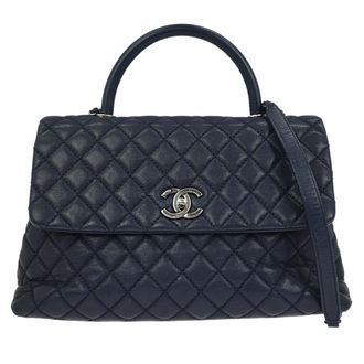 Chanel Coco Top Handle Bag Quilted Caviar Navy Leather Handbag (Pre-Owned)