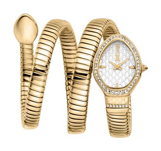 Just Cavalli Womenss Snake Watch, Gold Color Case, Silver Dial, Gold Color Stainless Steel Bracelet