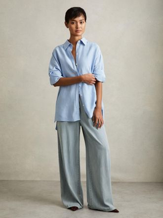 Reiss Light Blue Denim Look Wide Leg Trousers, 14R