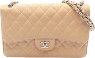 Chanel Pre-owned Classic Caviar Skin Large Double Flap Schoudertas - Dames - Vintage Schoudertas - Beige - ONE Size - Leer - Vintage