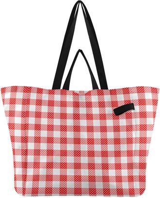 Generic Red Plaids pattern Reusable Canvas Tote Bag, Heavy Duty Grocery Shopping Bag with Double Handles Large Capacity Hard Bottom Work Groceries Travel