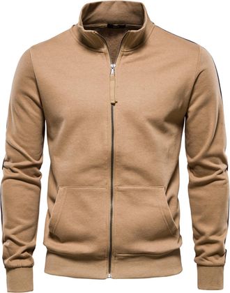 Feoya Mens Track Top Full Zip Track Jackets Mock Neck Long Sleeve Tops with Pockets Lightweight Tracksuit Jacket A Khaki L