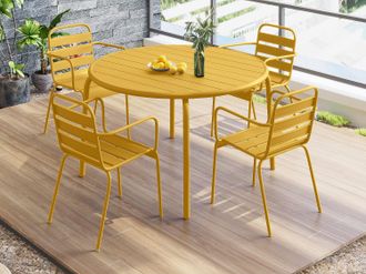 Vente-Unique Sala da pranzo da giardino un tavolo D.110cm e 4 poltrone impilabili Metallo Giallo senape - MIRMANDE di MYLIA