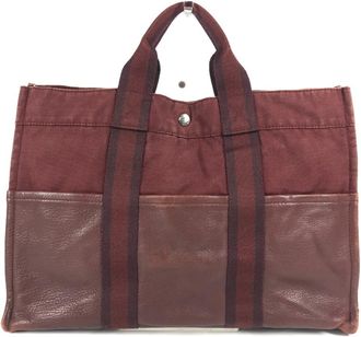 Herm&egrave;s Red Color Wine Canvas Leather Handbag Tote Bag (Pre-Owned)
