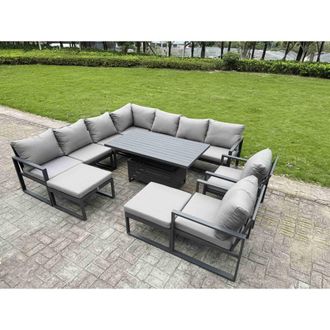 Fimous Aluminum 10 Piece 11-Seater Sofa Set with Rising Table & 2 Chair Stool in Dark Grey