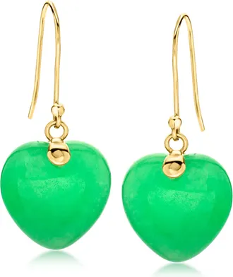 Ross-Simons Jade Heart Drop Earrings in 10kt Yellow Gold