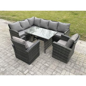 Fimous Wicker Rattan Garden Furniture Corner Sofa Set with Oblong Dining Table 2 Armchairs 8 Seater Outdoor Rattan Set Dark Grey Mixed - Fimous