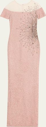 Pamella Roland Signature Sequined Off-Shoulder Illusion Gown