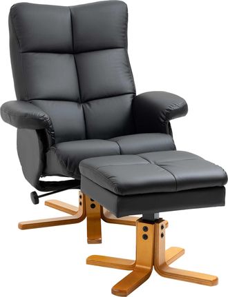 HOMCOM Recliner Chair and Footstool PU Leather Wooden Base Black | TJ Hughes