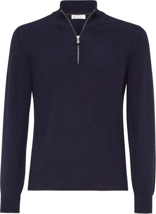 Brunello Cucinelli Blauwe Kasjmier Trui met Trechterhals - Heren - Cashmere truien - Blauw - M - Kasjmier - Truien & Vesten