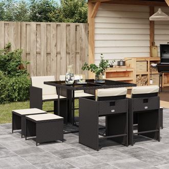 vidaXL Vidaxl - Set De Comedor De Jard&iacute;n 9 Pzas Y Cojines Rat&aacute;n Sint&eacute;tico Negro