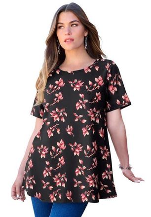 Roaman's Plus Size Ultimate Cotton Crewneck Short Sleeve Swing Tee in Coral Leafy Print at Nordstrom, Size Medium