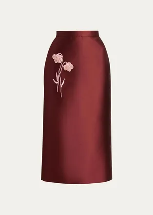 Erdem Floral Embroidered Mikado Silk Midi Skirt