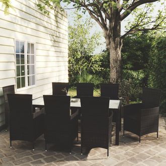 vidaXL Set Comedor De Jard&iacute;n 9 Piezas Y Cojines Rat&aacute;n Sint&eacute;tico Negro Vidaxl