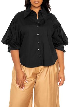 Buxom Couture Puff Sleeve Cotton Blend Button-Up Shirt in Black at Nordstrom, Size 2 X