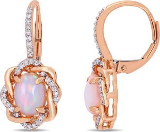 Mimi & Max 1 1/2 CT TGW Blue Ethiopian Opal and 1/4 CT TW Diamond Halo Leverback Earrings in 10K Rose Gold