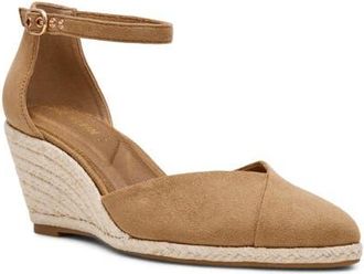 Anne Klein Wilmott Ankle Strap Espadrille Wedge Sandal in Sand Suede at Nordstrom, Size 5.5