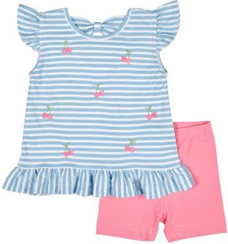 Florence Eiseman Knit Short Set With Embroidered Heart Cherries in Blue/white/pink at Nordstrom, Size 18M