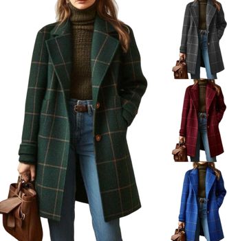 Generic Womens Retro Plaid Lapel Coat, Mid-Length Casual Elegant Outerwear for Autumn Winter (06,M)