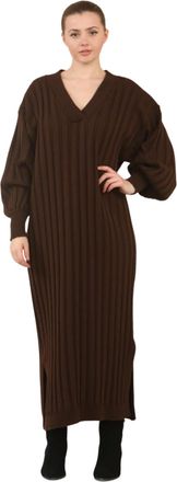 Janisramone Womens Rib Knitted Dress, Long Balloon Sleeve V Neck Maxi Dress, Warm Side Split Dress, Winter Maxi Dresses for Women UK, Casual Long Knitted Jumper D