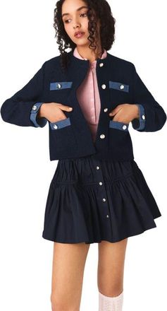 Maje Tweed jacket with denim trim in Navy at Nordstrom, Size 36 Eu