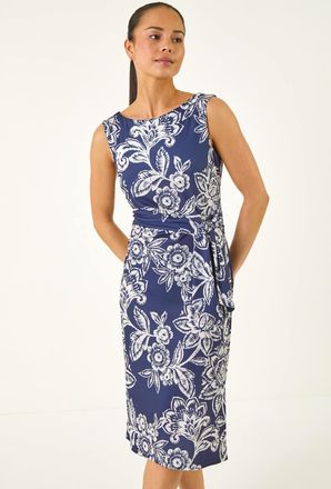 Roman Petite Floral Side Tie Midi Dress