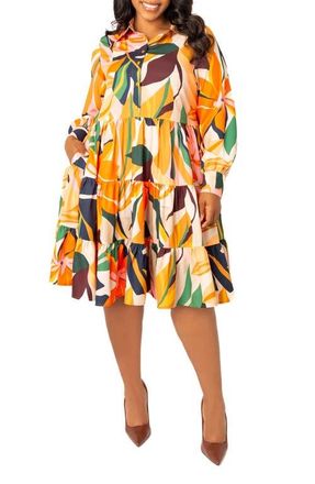 Buxom Couture Floral Long Sleeve Shirtdress in Beige Multi at Nordstrom, Size 1 X