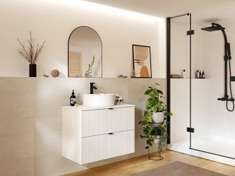 Vente-Unique Mobile per bagno sospeso con scanalature e lavabo tondo da appoggio 80 cm Bianco opaco - ZEVINI