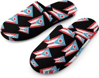 Generic Diamond Ohio Flag Flannel Mens Slip-on Slippers Winter Warm House Shoes with Rubber Sole for Home Hotel