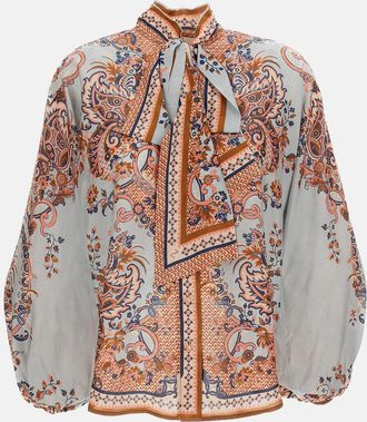 Zimmermann Paisley Floral Pure Silk Blouse with Self-Tie Neck Detail