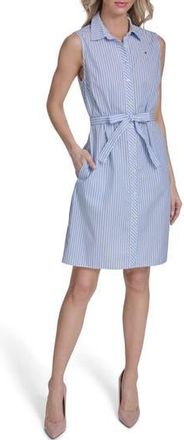 Tommy Hilfiger Sleeveless Cotton Shirtdress in Bright White/Marina Blue at Nordstrom Rack, Size 14