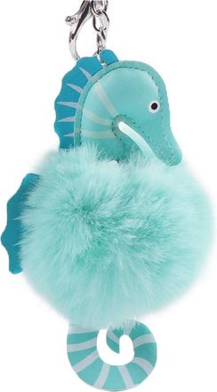 ACVIP PU Sea Horse Keychain Soft Faux Fur Ball Pom Pom Keyring Bag Hanging Pendant (Turq)