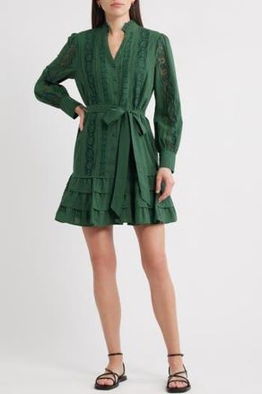 Caslon Lace Panel Long Sleeve Minidress in Green Pinecone at Nordstrom Rack, Size X-Large
