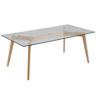 Beliani Mesa De Centro De Vidrio Transparente Madera Clara 120 X 60 Cm Patas Madera Hudson