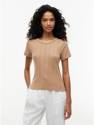 Tommy Hilfiger Womens Slim Fit Pointelle Crewneck T-Shirt - Brown - XXL