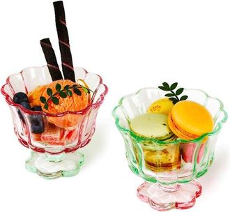 No Brand Juego De 2 Cuencos De Cristal Coloridos Con Forma De Flor Y Base Para Postres - Cuencos Para Helado Y Pud&iacute;n En Rosa Y Verde, Elegantes Y Reutilizables