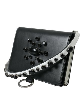 Dolce & Gabbana Womens Crystal-Embellished Calf Leather Card Case Black Brass Cases