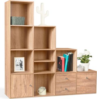 IDMarket Libreria Mobili A Forma Di Scala A 4 Livelli, Look Faggio Con Anta E Cassetti Liam